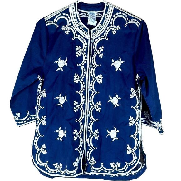 Chuchi Blue and White Embroidered Button Front Top / Cardigan Size Small 📦 - Picture 7 of 7